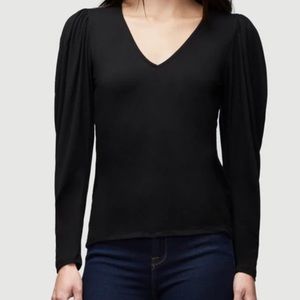 FRAME Shirred V Neck Knit Top with Puff sleeve